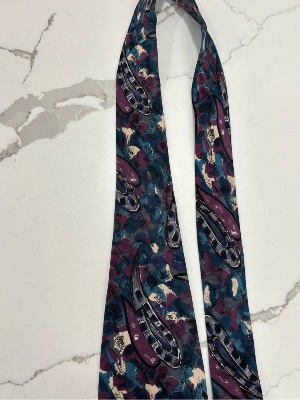 Vintage Kuppenheimer Premier Teal Blue Purple Paisley Abstract Pattern Silk Tie
